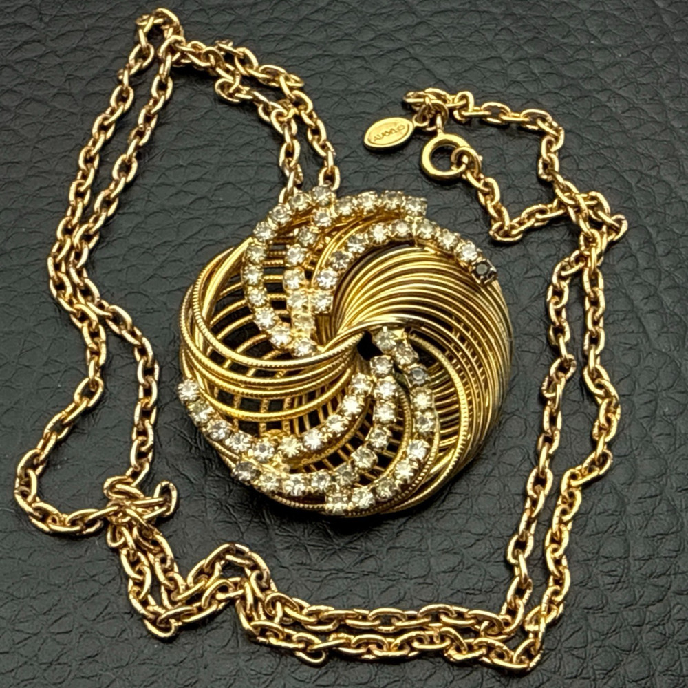 Vtg‎ Avon Necklace Crystal Atomic Spiral Gold Tone Pendant 25" Chain